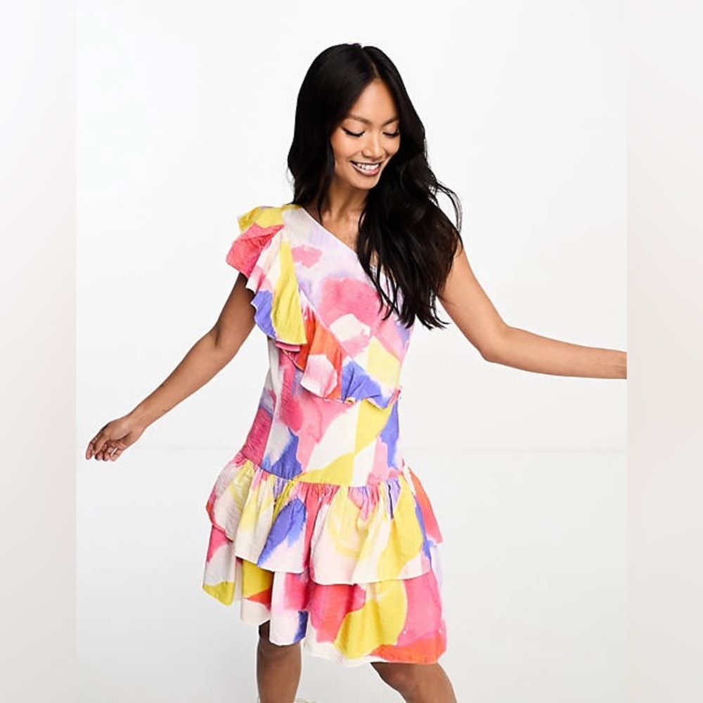 NWT FRENCH CONNECTION One Shoulder Tiered Ruffle Mini Dress multi color SZ 6